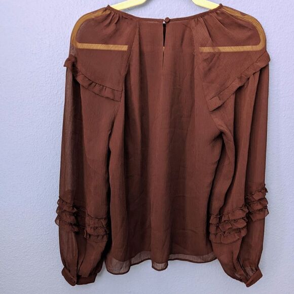 Ann Taylor Blouse Long Sleeve Ruffle Ballon Sleeve Lined Deep Purple Small Dolly - Picture 7 of 9